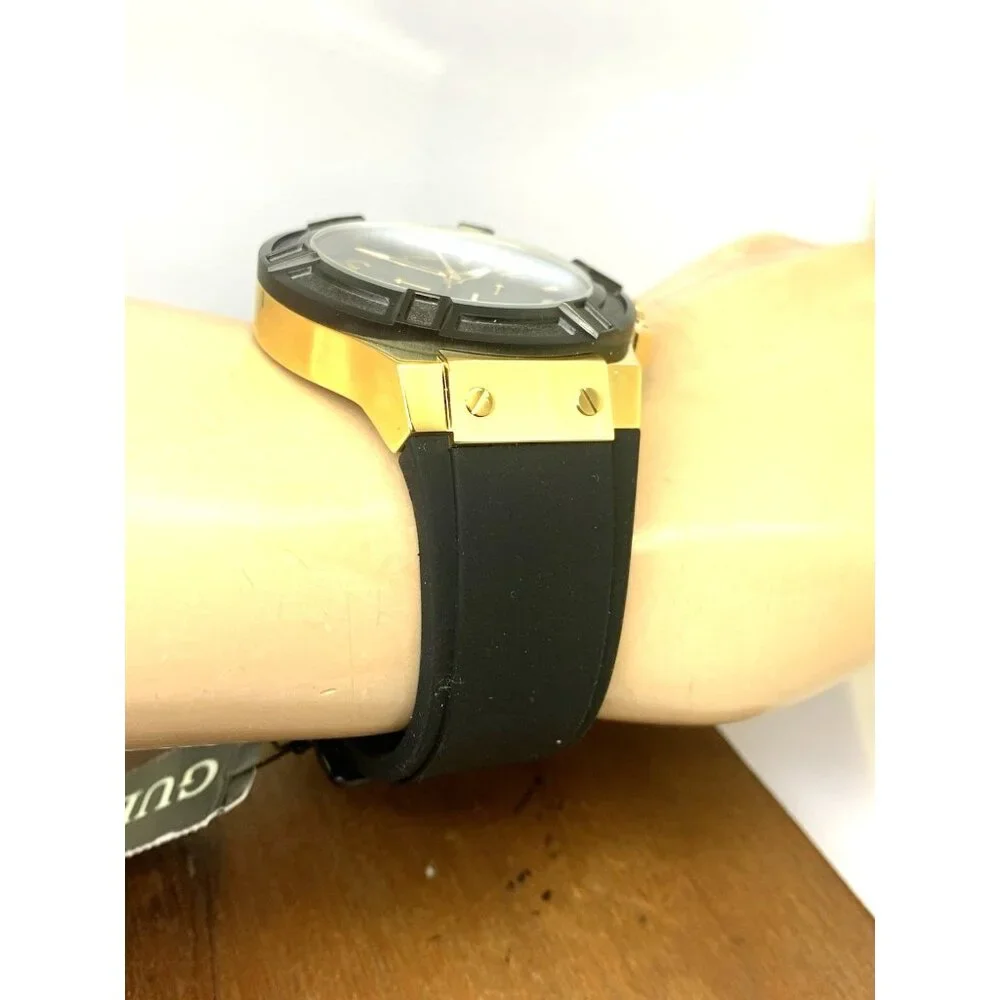Guess Men's Watch U0247G6 Quartz Black Dial Gold Steel Rubber Strap 45mm